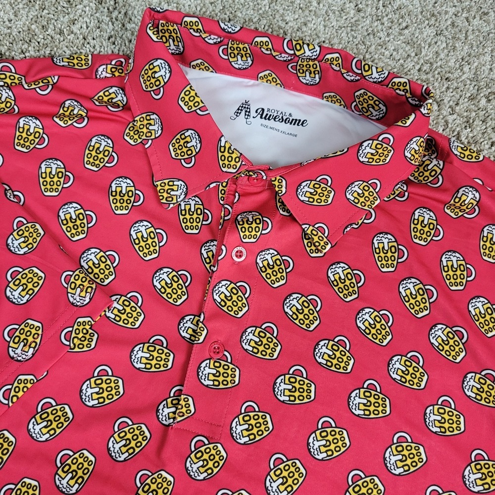 Royal & Awesome Mens 2XL Red‎ AOP Beer Mug Performance Stretch Polo Short Sleeve